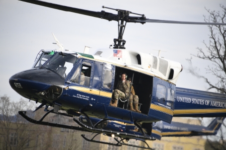 AFROTC Det 880 cadets ride in Air Force helicopter over ϲ campus, called post.