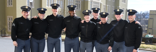 Students in the ϲ Corps of Cadets pose before classes. Each cadet wears the official ϲ uniform whether in barracks, class, or attending events on post.