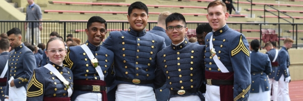 Graduating students, members of the Corps of Cadets at ϲ, a military college in Lexington, VA, pose in Foster Stadium as they prepare to transition from cadet to alumnus.