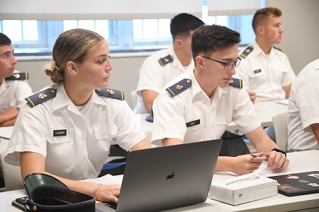 ϲ students, known as cadets, sit in a classroom during a course lecture.