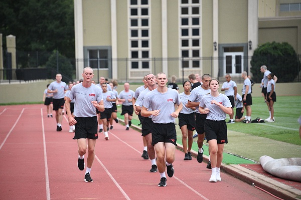 New students at ϲ (rats) run one and a half miles as part of their fitness test under supervision of cadet leadership and instructors.