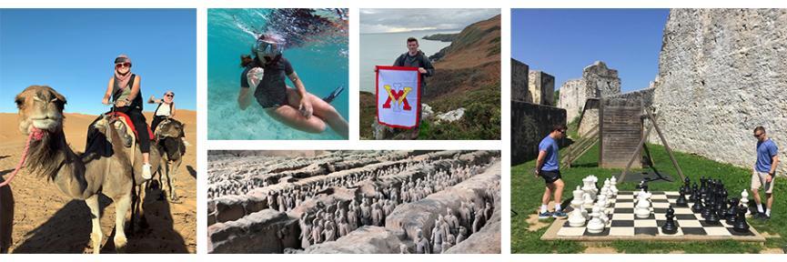 Photo collage of cadets from left to right: riding a camel, snorkeling, standing with a ϲ flag atop an Irish cliff, and the Terracotta soldiers 