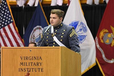 Christopher M. Hulburt ’22, valedictorian of the Class of 2022 at ϲ, speaking during commencement,.
