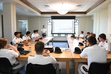 Maj. Jeff Kozak welcomes cadets to the final Fieldwork class of the semester May 3 in Preston Library.—ϲ Photo by Kelly Nye.