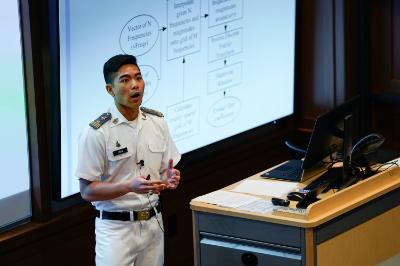 Student giving honors presentation at ϲ, a military college in Virginia