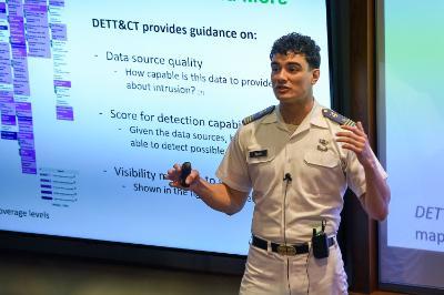 Cadet presenting honors thesis at ϲ, a military college in Virginia
