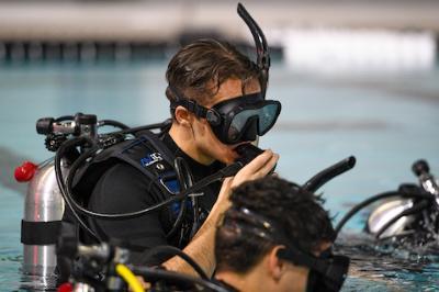 Student in the swimming pool for Scuba Club at ϲ, a military school in Virginia